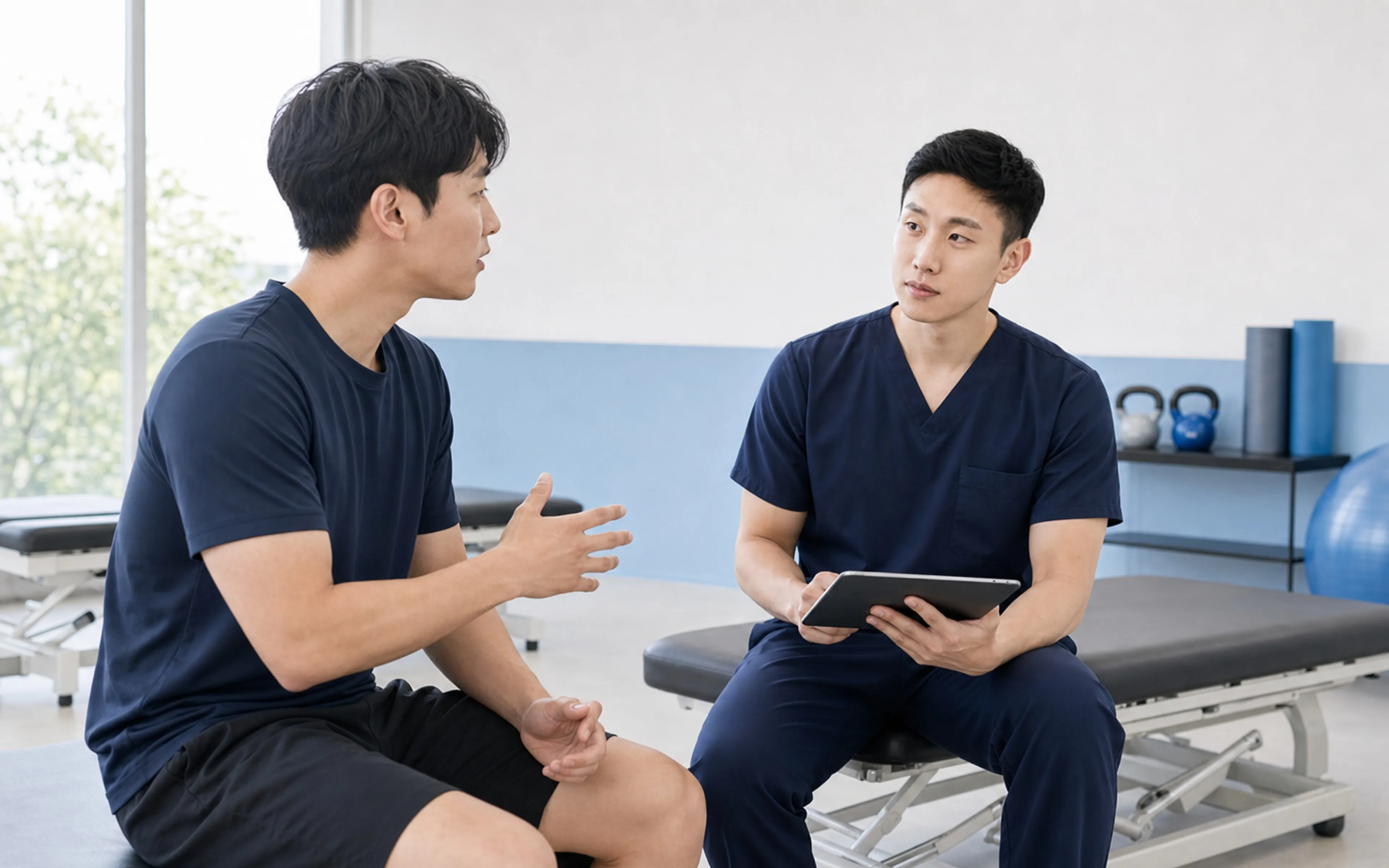 김석욱 대표원장이 환자의 운동 경험과 통증이 시작된 동작을 듣는 모습